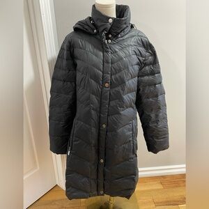 Utex Long Black GOOSEDOWN puffer Jacket Trench w/ Removable hood. Size L